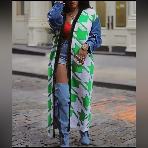 Sweaters - 1094. Houndstooth Denim Patchwork Green and White Longline Cardigan
